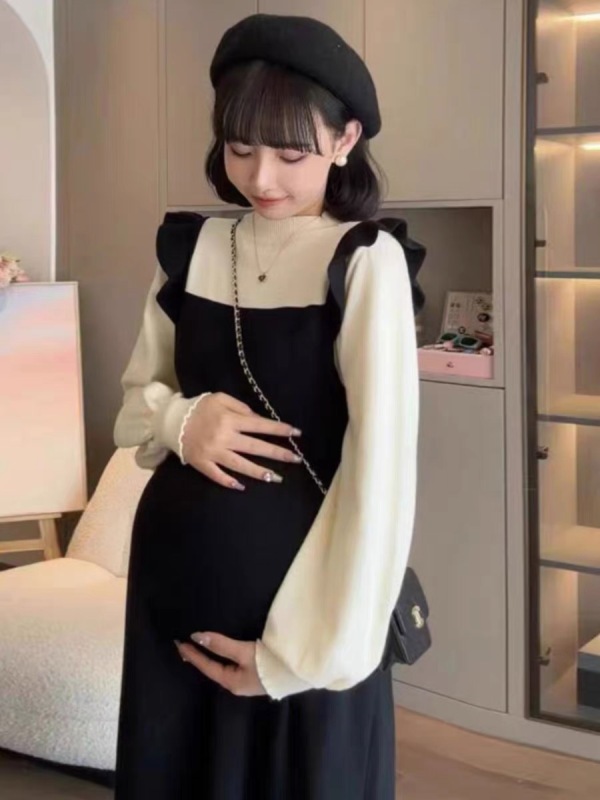 Bow dress for women, spring and autumn large size fat MM contrasting color Christmas temperament long sleeve waist slimming mid-length skirt