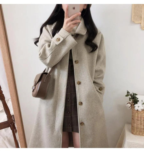 Student woolen coat for women's mid-length autumn and winter new Korean version loose slim and thickened knee woolen coat