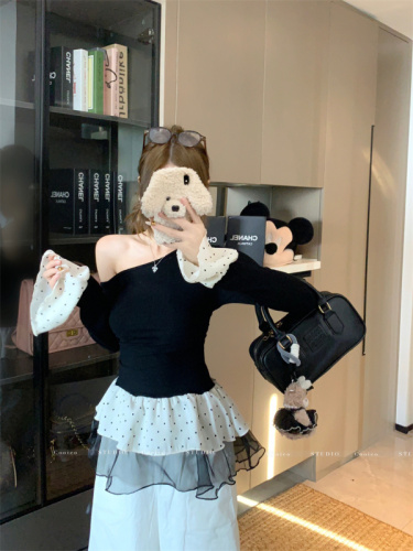 New spring spliced ​​mesh polka dot off-shoulder base shirt for women