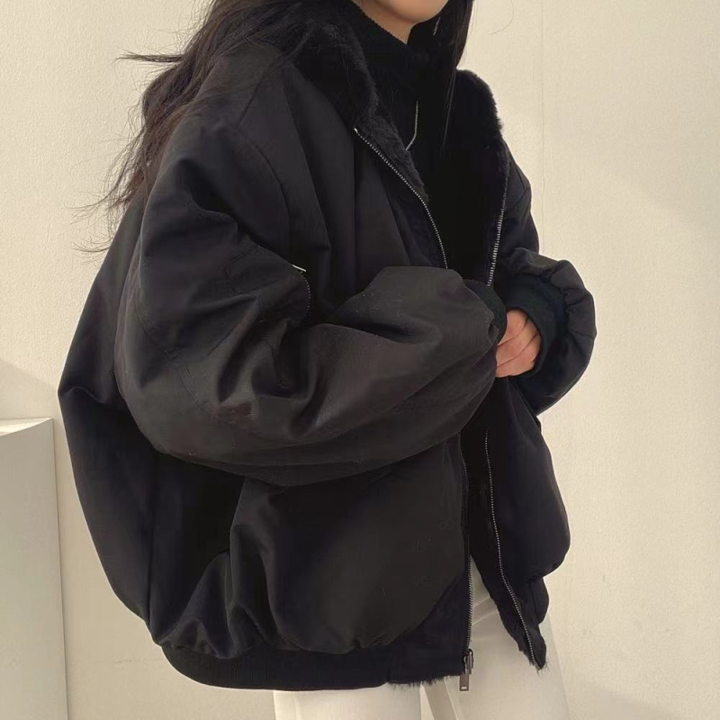 Casual temperament loose plus velvet thickened lamb wool cotton jacket for women