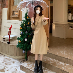 Korean simple style dress retro pure color single-breasted V-neck lace-up waist long skirt base skirt