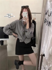 Korean autumn thin stand collar drawstring sports sun protection jacket for women short casual loose top