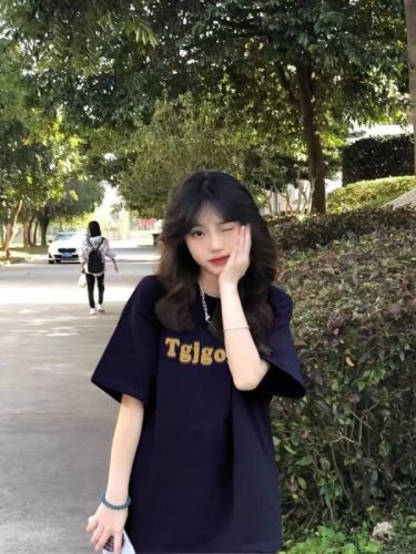 Pure cotton combed tight 200g 100% cotton live quality front and rear printing loose short-sleeved T-shirt for women