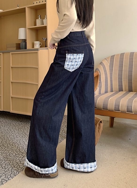 Design-sensory bow plaid spliced ​​jeans for women with high waist wide-leg floor trousers