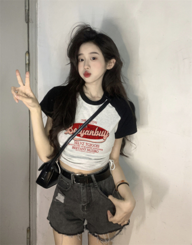 American retro cotton front shoulder short-sleeved T-shirt for women's color-blocking design slim printed drawstring top