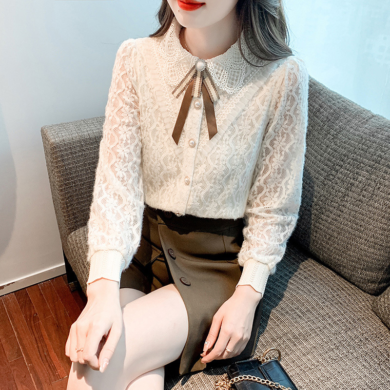 New lace collar versatile slim and sweet temperament lace shirt women's design niche fashionable top