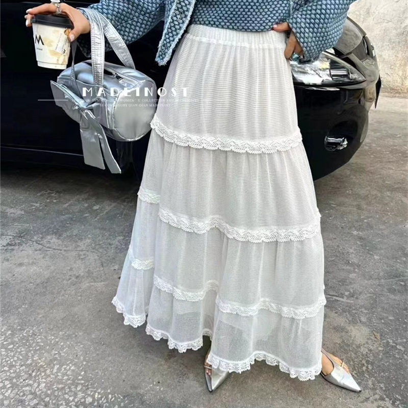 New spring and summer high-waist vacation style mesh lace splicing skirt Korean loose A-spoke umbrella skirt