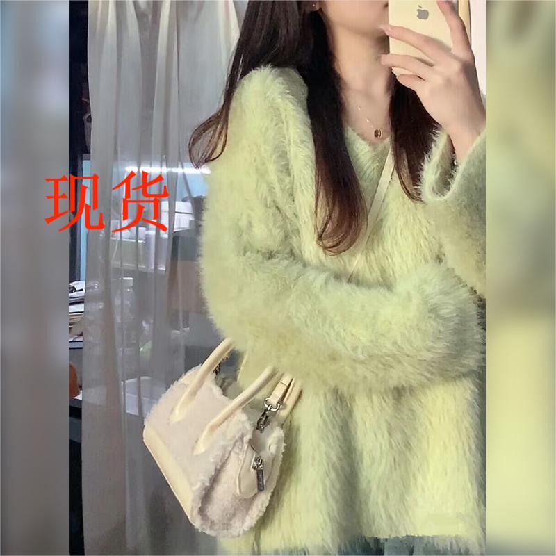 Lazy style green imitation mink v-neck sweater for women in autumn and winter thickened new design knitted top