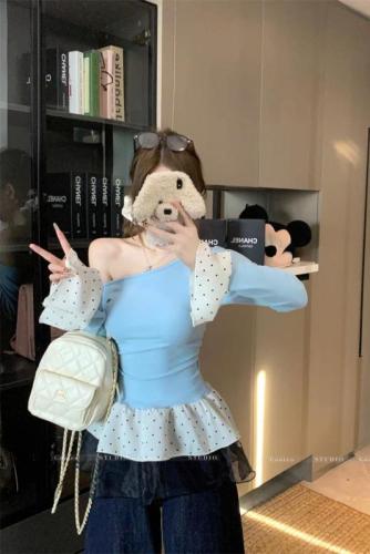 New spring spliced ​​mesh polka dot off-shoulder base shirt for women