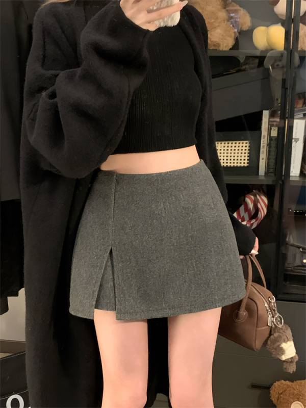New autumn and winter double-layer slit thickened skirt simple A-line short hip-covered skirt for women