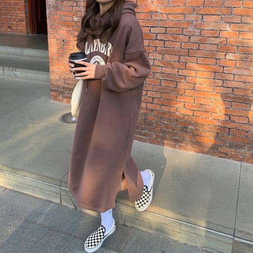 250g big sweatshirt, double hat, autumn and winter plus velvet thickened over-knee long hooded sweatshirt for women