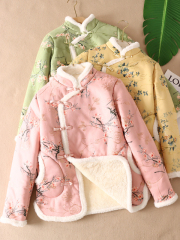 New Chinese-style thickened plush cotton jacket for women's young version of cheongsam stand collar embroidered plaid deer leather cotton jacket for winter