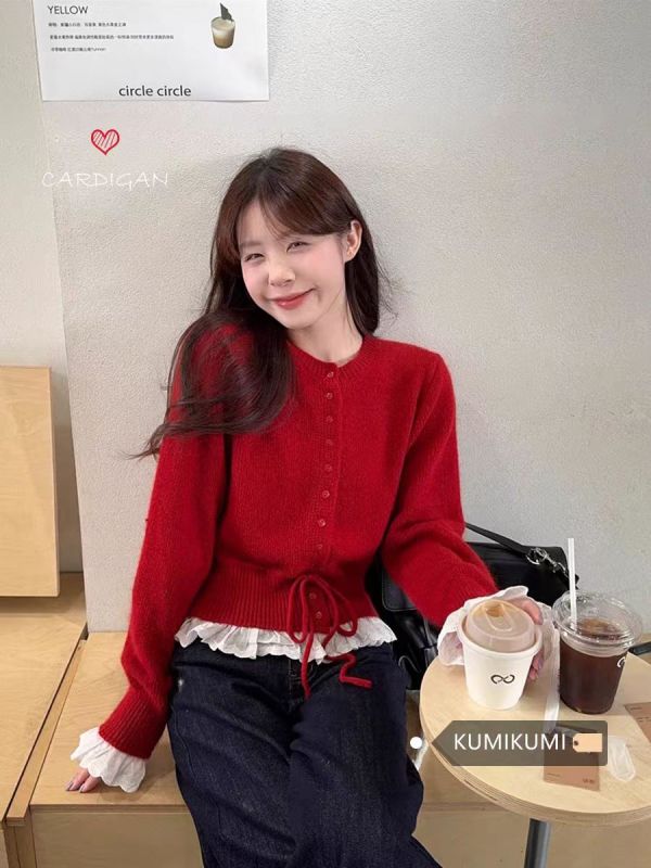 Korean gentle style red lace spliced ​​long-sleeved sweater jacket for women's autumn and winter drawstring waist knitted top