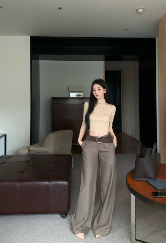 Fashionable and simple half-high neck knit top + straight wide-leg trousers