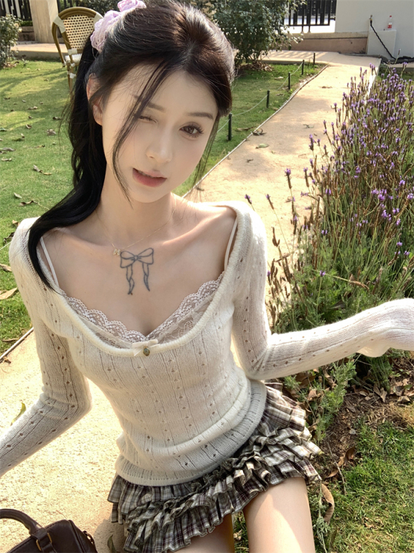 Square collar hollow sweater for women's design spring style layered inner lace suspender