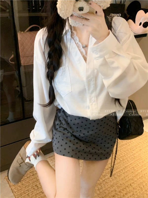 French design lace lace splicing V-neck versatile loose solid color shirt autumn new style