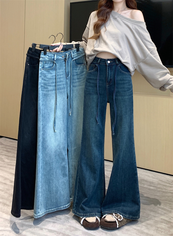 New design-slim waist rope slim retro light-flapping wide-leg jeans for women