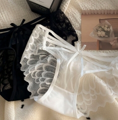 French sexy lace panties women's transparent hollow summer thin bow quick-drying mesh low waist cross briefs