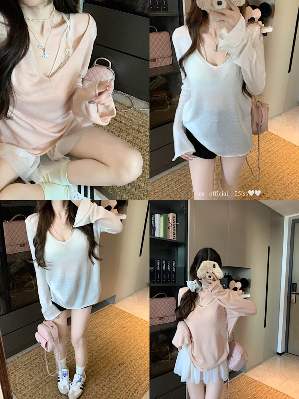 Loose Korean V-neck, neat version, flared sleeves, top