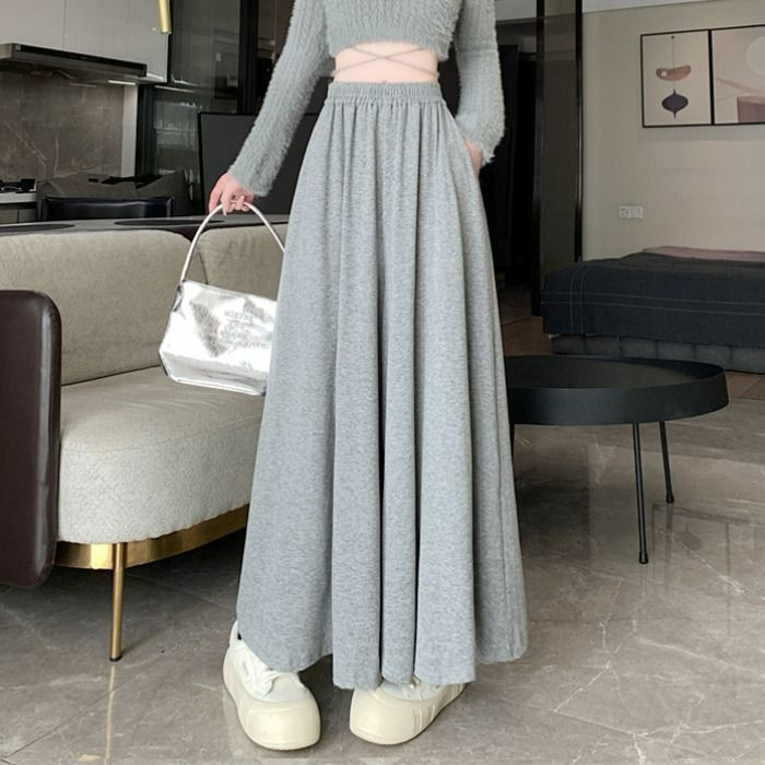 Gray soft glutinous rice pants for women in spring and autumn knitted wide-leg pants high waist slim loose draped casual floor pants skirt
