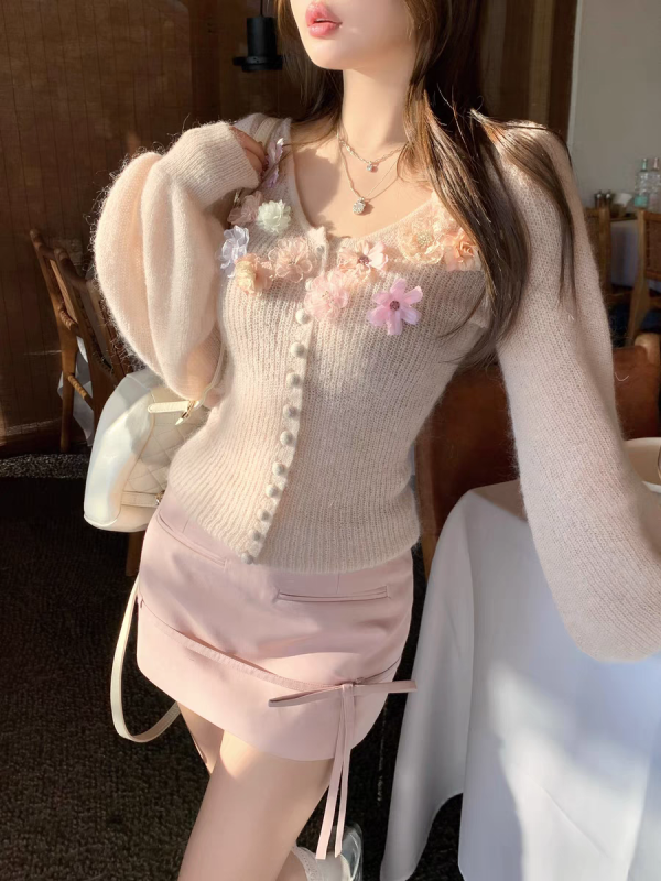 2toyoung flower blooming in the middle of the summer hand-ordered wool knitted cardigan for women in spring base beautiful sweater top