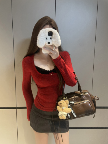 Early spring new pure square collar hollow sweater for women with layered lace slings