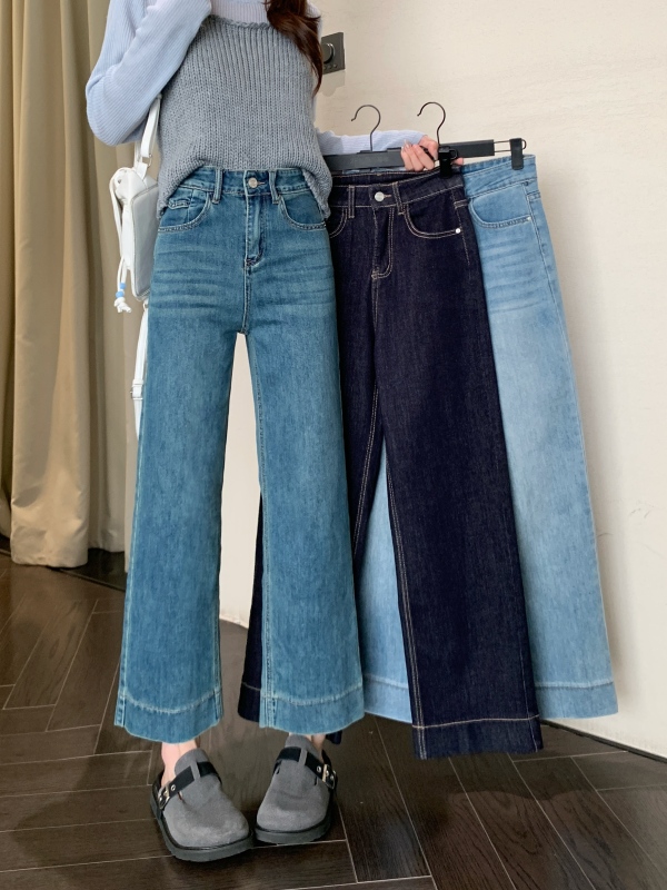 New spring high-waist slimming and elastic basic micro-flare denim cropped pants