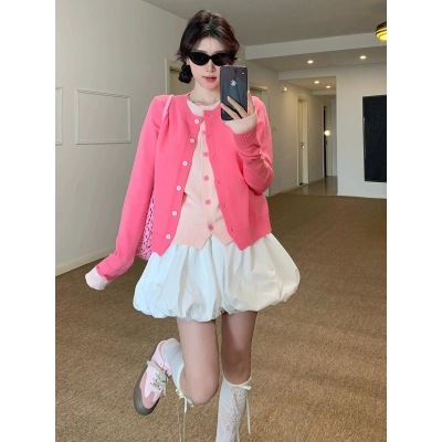 Korean fake two-piece rose red knitted cardigan for women in spring loose round neck age-reducing sweet top two-piece set