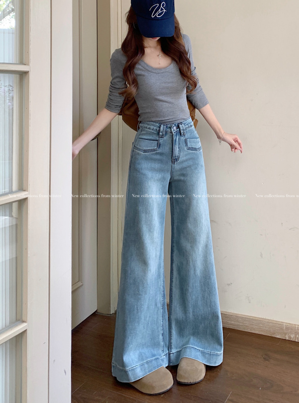 Spring light-colored pocket design high-waisted slim and versatile light-flapping wide-leg pants