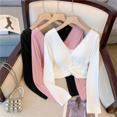 Hot girl style V-neck solid color cross-knot slim fit short navel long sleeve T-shirt base shirt top