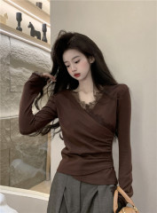 New Korean version of cross-lace t-shirt with velvet slim long-sleeved base shirt