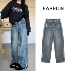 Hong Kong style retro rosted jeans for women in autumn and winter Korean blue slim loose wide-leg straight denim floor trousers