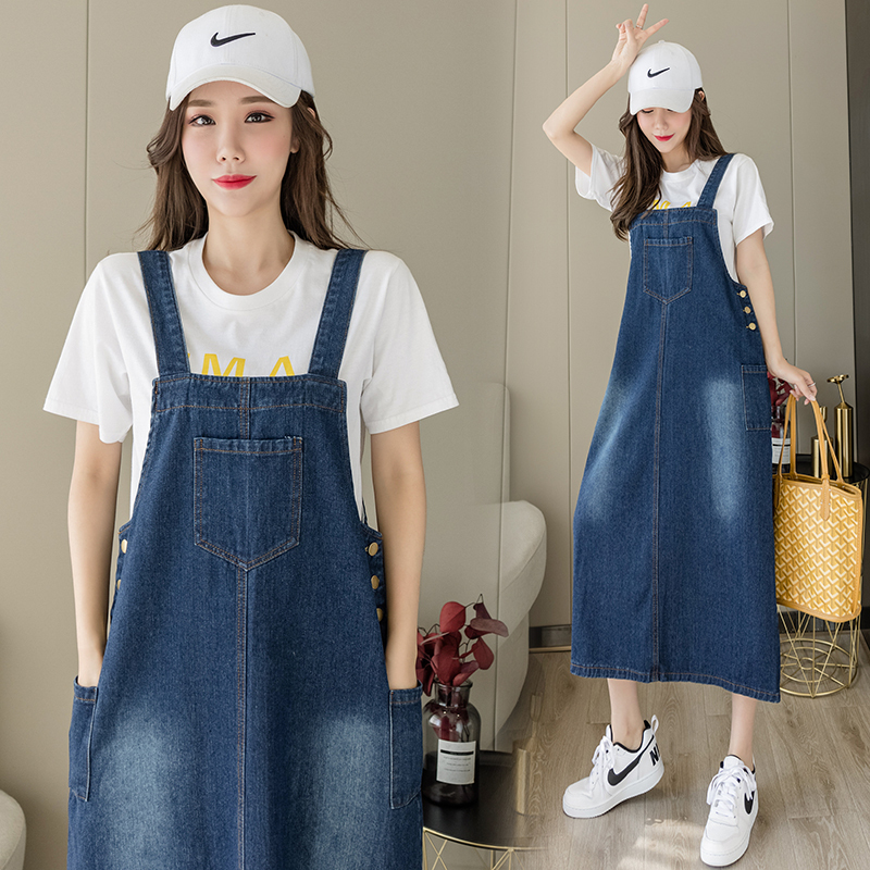 Denim strap skirt for women new simple pocket loose straight slim slit denim skirt