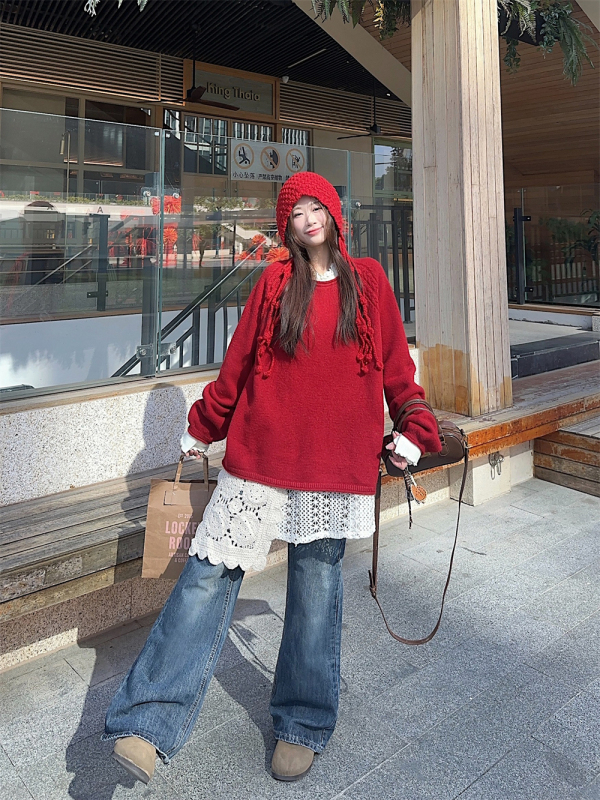 Lazy New Year Red Pullover Sweater Women's High-end Christmas Knitted Top