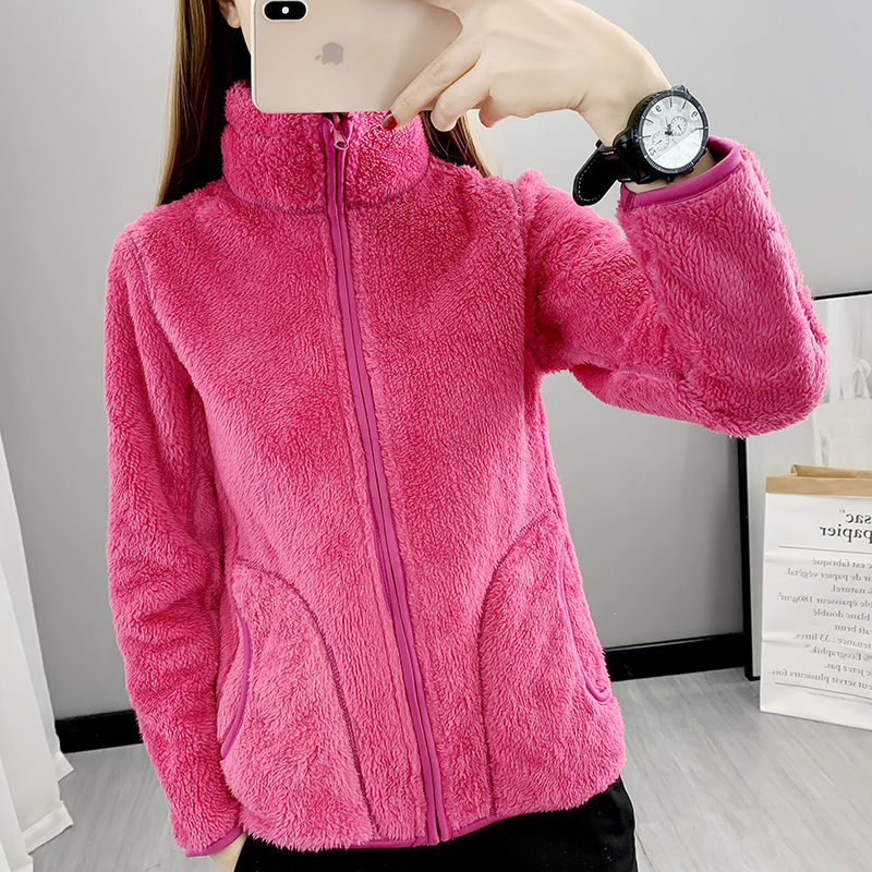 Super warm two-sided fleece jacket for women with thick plush stand collar cardigan jacket for autumn and winter outdoor sports hiking clothes