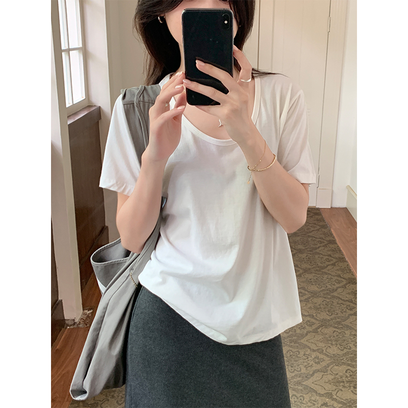 Early spring inner wear U-neck loose casual versatile T-shirt new comfortable commuting short-sleeved top for women