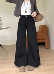 Black high-waisted, light-flaring wide-leg jeans for women in spring new loose draping straight-leg non-sticking bell-flat pants