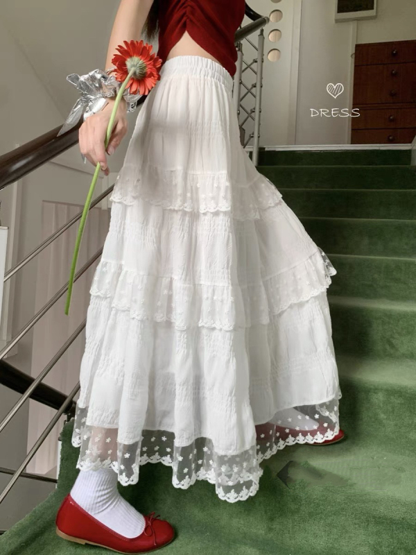 White design lace cake skirt for women with spring and summer high waist French long skirt big hem skirt A-line skirt