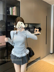 Bow hem lace spliced ​​long-sleeved T-shirt for women in autumn and winter slim base top