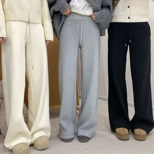 Plush pure cotton Chinese cotton internet celebrity popular winter style lazy style drawstring thread splicing straight slimming pants