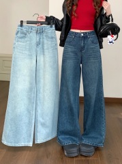 New early spring style simple basic versatile denim wide-leg pants for women