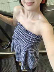 Blue plaid elastic pleated strapless vest new holiday outfit loose casual sleeveless top for women summer
