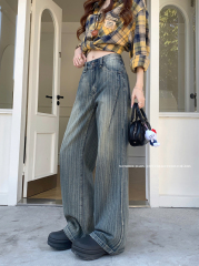 American retro old low waist striped jeans for women's spring new versatile draping straight wide-leg floor trousers