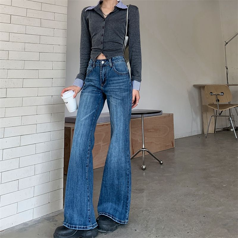 Dark blue design elastic jeans, slim and slim floor pants for women