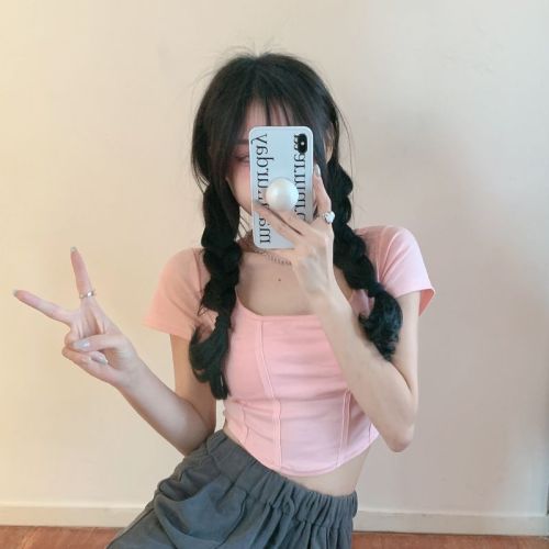 Three-standard design with fish bone pattern square collar short sleeve T