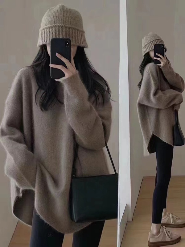 Mid-length sweater for women in autumn and winter new fashion gentle lazy style knitted base shirt for women