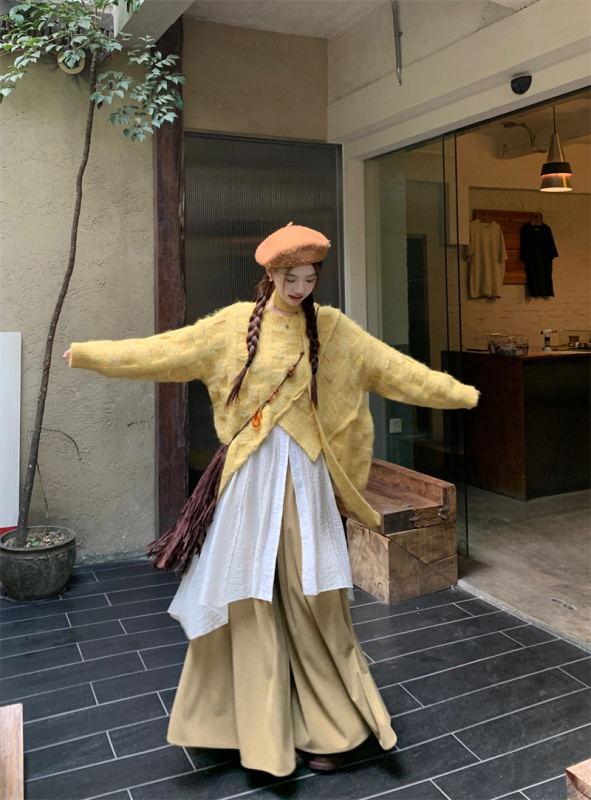 Korean lazy style sweater irregular sweater layered with pleated shirt + wide-leg walking pants suit