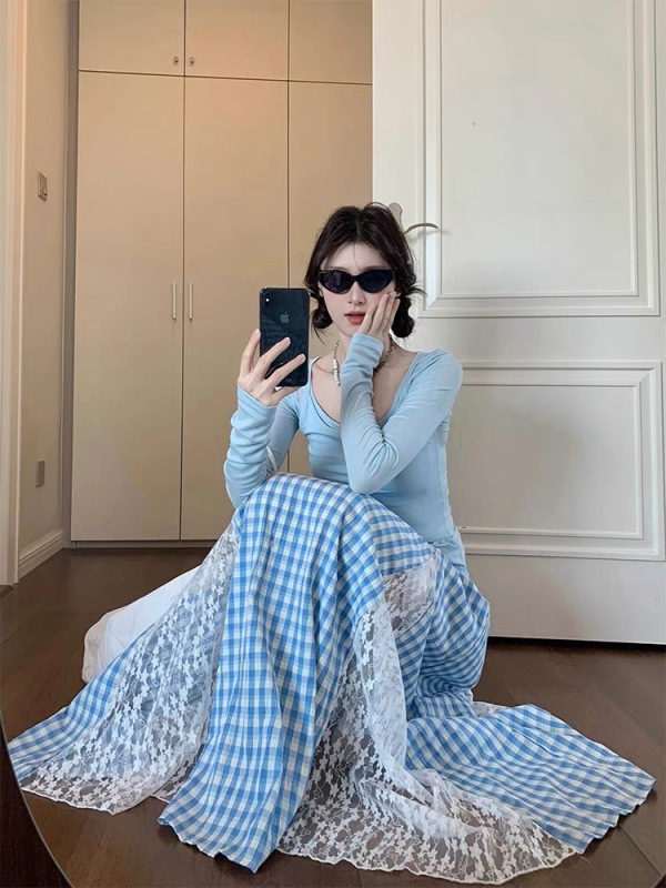 Fashion suit for women lazy style long-sleeved T-shirt spring lace spliced ​​plaid skirt two-piece set
