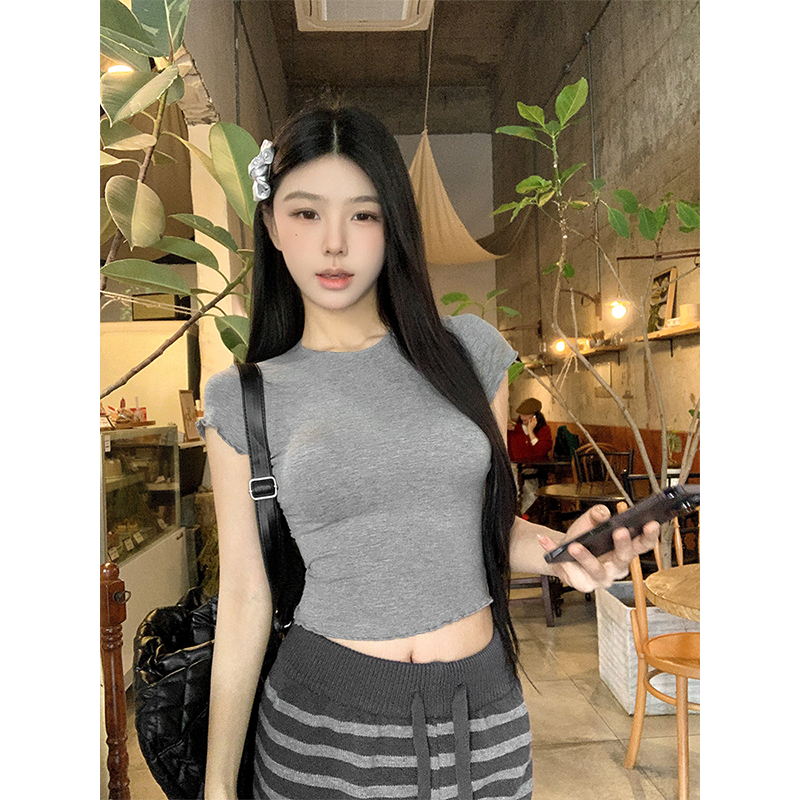 Basic spring and summer wood earrings T-shirt round neck slimming short solid color top