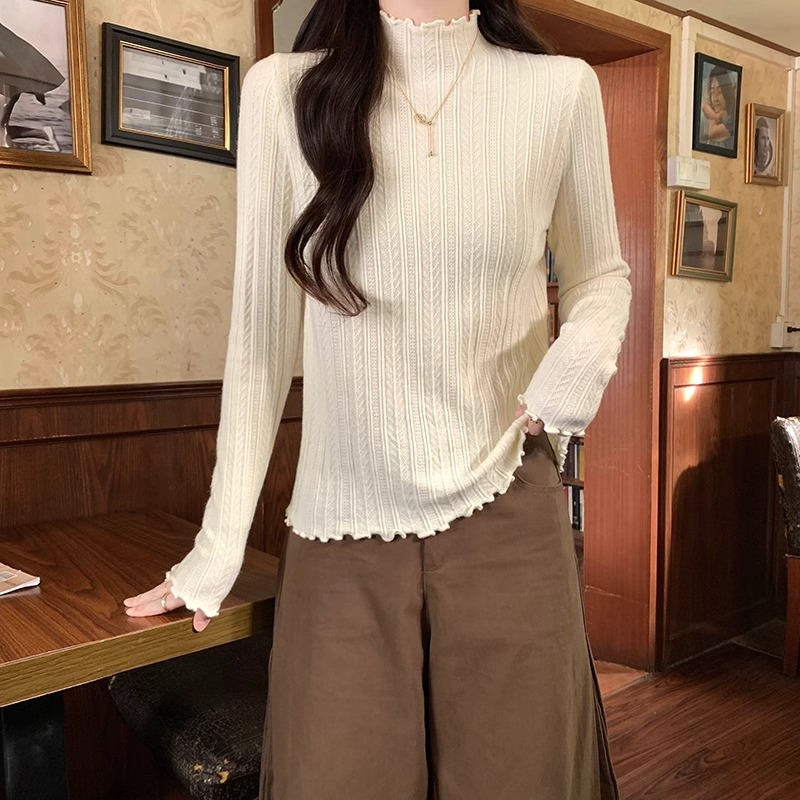 Women's spring inner layer with black ears and half turtleneck sweater for women, high-end and long-sleeved tops for women